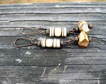 Bohochic  Handmade Dangle Earrings with Carved Bone Beads & Picture Jasper Nugget.  Primitive Earrings. Semiprecious Stone Earrings