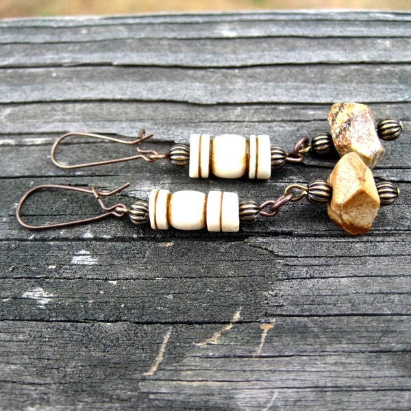 Bohochic  Handmade Dangle Earrings with Carved Bone Beads & Picture Jasper Nugget.  Primitive Earrings. Semiprecious Stone Earrings