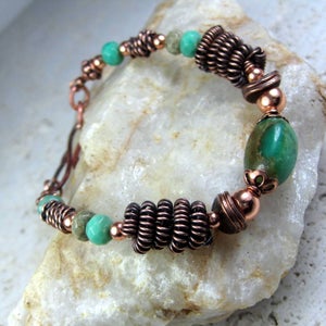 Copper Gemstone Bracelet, Coiled Metal Beads, Green Chrysoprase Stones, Detailed Copper Wirework. Chrysoprase & Copper Bracelet. image 5