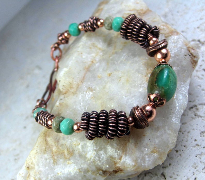 Copper Gemstone Bracelet, Coiled Metal Beads, Green Chrysoprase Stones, Detailed Copper Wirework. Chrysoprase & Copper Bracelet. image 5