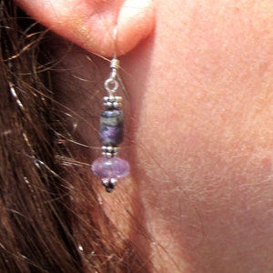 Handmade Sterling Silver Amethyst & Charoites Earrings with Bali Beads. Pretty Purple Earrings. Amethyst Earrings. Charoite Earrings. Bild 4