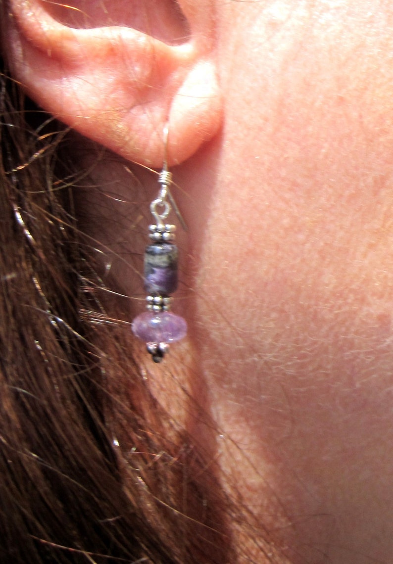 Handmade Sterling Silver Amethyst & Charoites Earrings with Bali Beads. Pretty Purple Earrings. Amethyst Earrings. Charoite Earrings. Bild 4