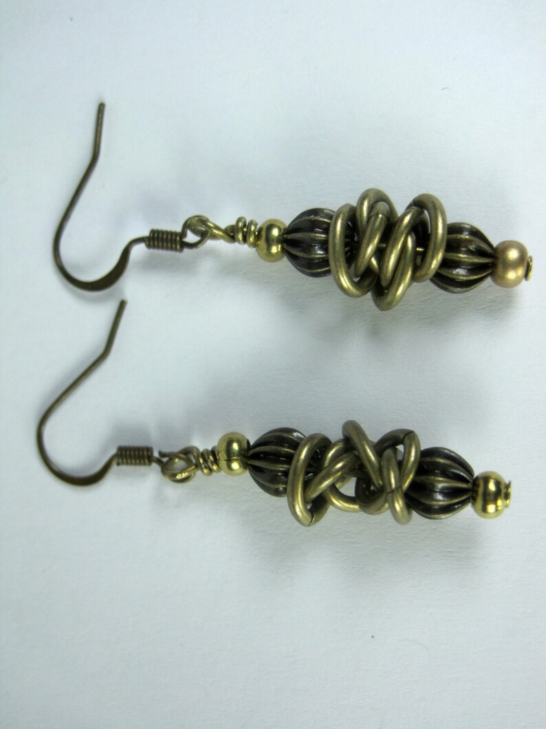 Natural Brass & Antique Brass Dangle Earrings. Hand Made Dangle Earrings Using Natural Brass beads and Antique Brass Beads and Chain. image 3