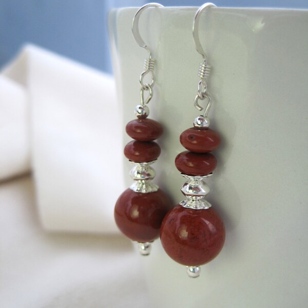 Handmade Earrings with Sterling Silver and Blood Jasper. Lovely Red Brown  Silver Earrings. Red Bead Earrings.  Elegant Earrings