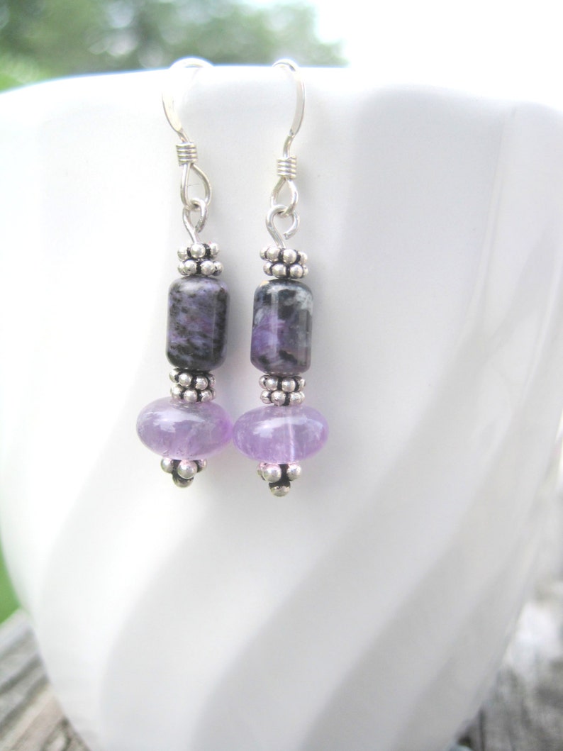 Handmade Sterling Silver Amethyst & Charoites Earrings with Bali Beads. Pretty Purple Earrings. Amethyst Earrings. Charoite Earrings. Bild 1