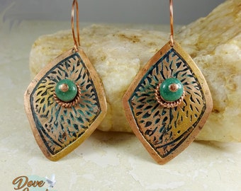 Textured Etched Copper Earrings Enhanced with Patina and Metalic Gilt  Featuring a Focal Gemstone Bead.  Fabulously Boho Earrings