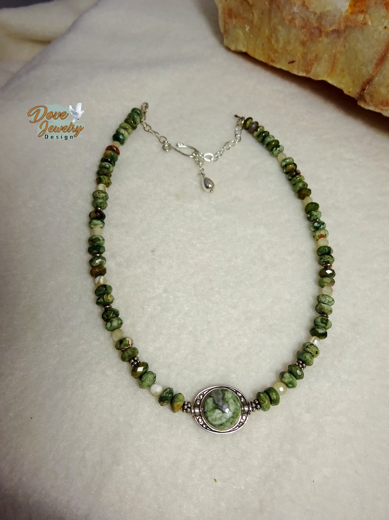 Rhyolite and Sterling Silver Necklace with Bali Beads Boho Choker Sterling Silver /& Semiprecious Stone Choker