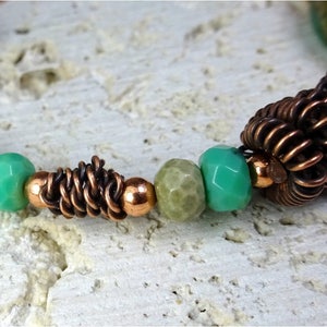 Copper Gemstone Bracelet, Coiled Metal Beads, Green Chrysoprase Stones, Detailed Copper Wirework. Chrysoprase & Copper Bracelet. image 4