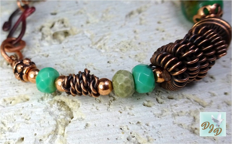 Copper Gemstone Bracelet, Coiled Metal Beads, Green Chrysoprase Stones, Detailed Copper Wirework. Chrysoprase & Copper Bracelet. image 4