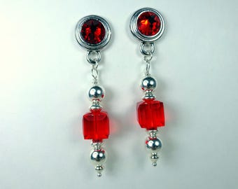 Striking Silver & Swarovski Crystal Drop Post Earrings. Red Swarovski Crystal and Sterling Silver Earrings. Red Earrings. Silver Earrings.