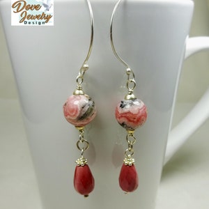 Sterling Silver & Semiprecious Stone Teardrop Earrings. Mookaite and Rhodochrosite Earrings. Mauve and Pink Earrings. image 2