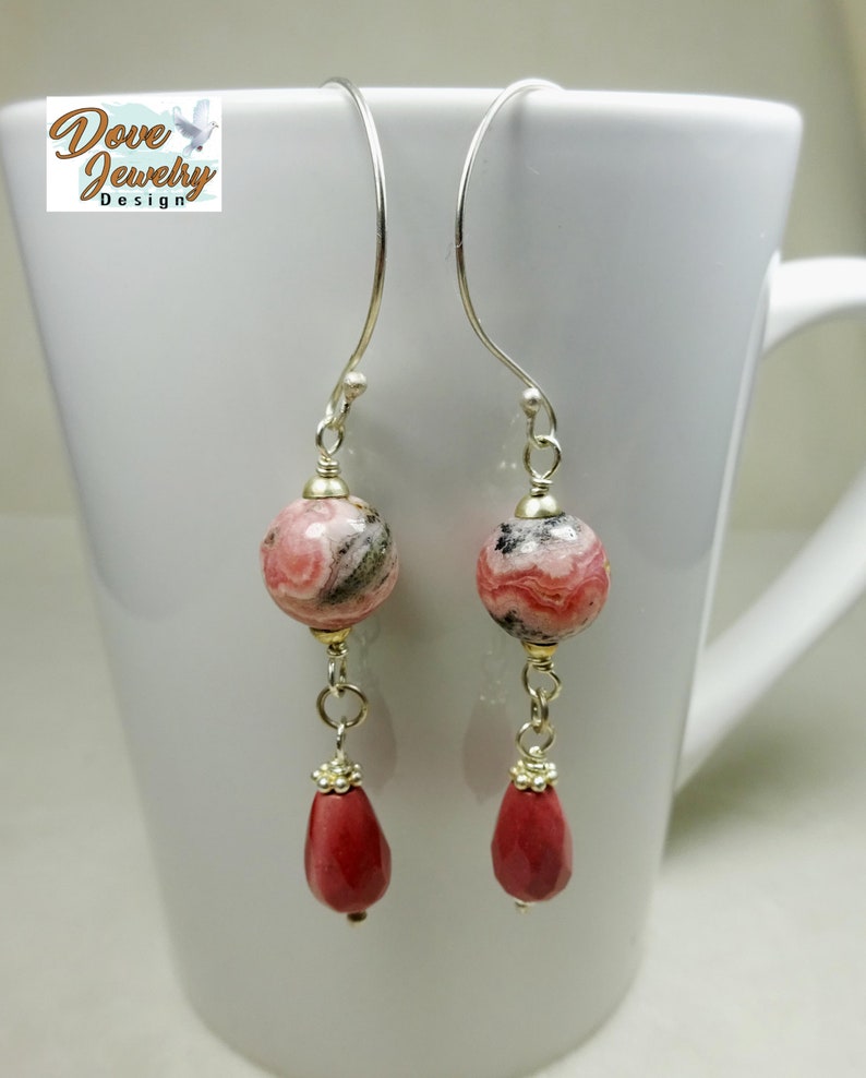 Sterling Silver & Semiprecious Stone Teardrop Earrings. Mookaite and Rhodochrosite Earrings. Mauve and Pink Earrings. image 2