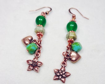Hearts and Flowers Handmade Dangle Copper Earrings with Semandiprecious Stones and Crystal Beads