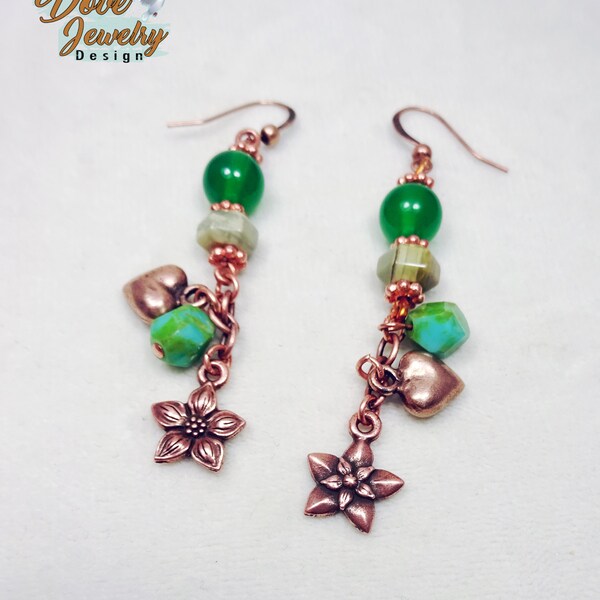 Hearts and Flowers Handmade Dangle Copper Earrings with Semandiprecious Stones and Crystal Beads