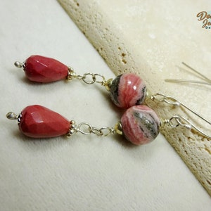 Sterling Silver & Semiprecious Stone Teardrop Earrings. Mookaite and Rhodochrosite Earrings. Mauve and Pink Earrings. image 1