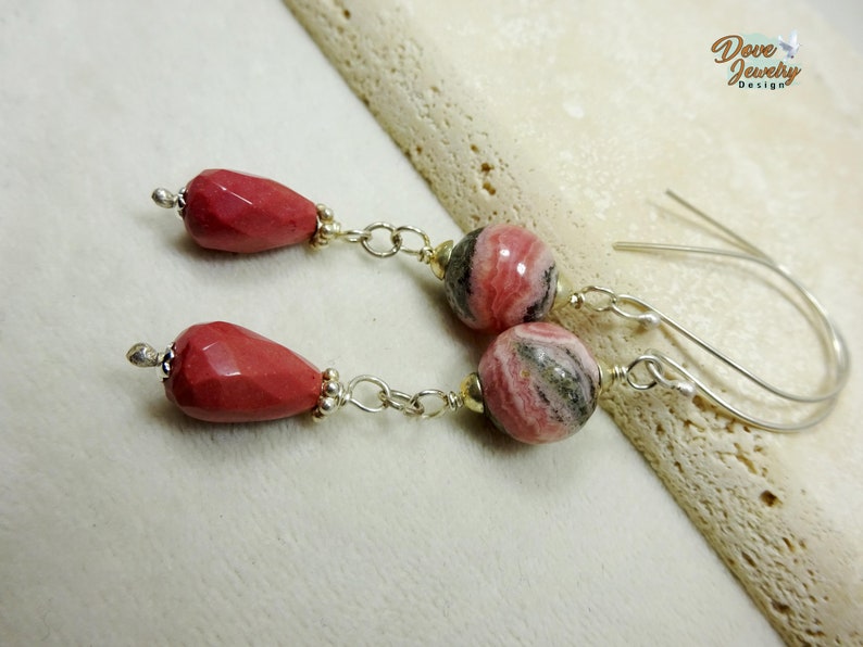 Sterling Silver & Semiprecious Stone Teardrop Earrings. Mookaite and Rhodochrosite Earrings. Mauve and Pink Earrings. image 1