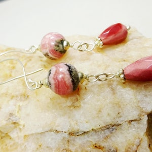 Sterling Silver & Semiprecious Stone Teardrop Earrings. Mookaite and Rhodochrosite Earrings. Mauve and Pink Earrings. image 3