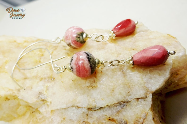 Sterling Silver & Semiprecious Stone Teardrop Earrings. Mookaite and Rhodochrosite Earrings. Mauve and Pink Earrings. image 3