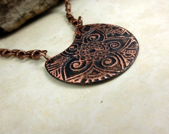 Unique Handmade Etched Pendant Copper Necklace for Women.  Copper & Antique Copper Necklace.  Boho Etched Flower and Swirl Design Necklace.