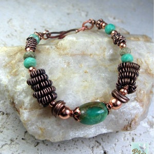 Copper Gemstone Bracelet, Coiled Metal Beads, Green Chrysoprase Stones, Detailed Copper Wirework. Chrysoprase & Copper Bracelet. image 3