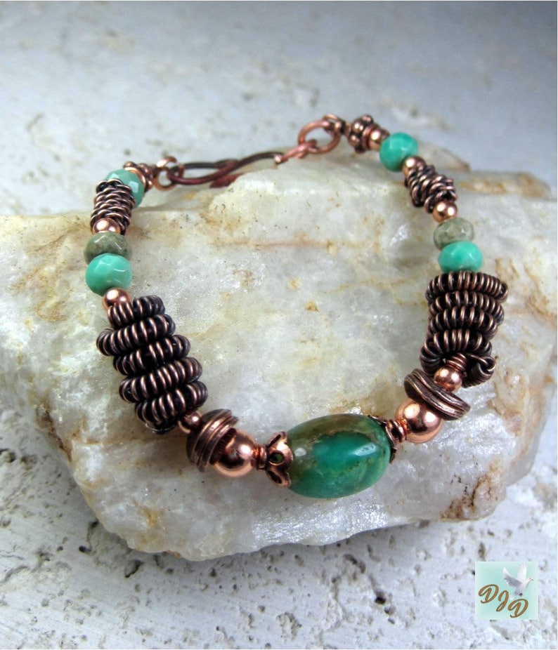 Copper Gemstone Bracelet, Coiled Metal Beads, Green Chrysoprase Stones, Detailed Copper Wirework. Chrysoprase & Copper Bracelet. image 3