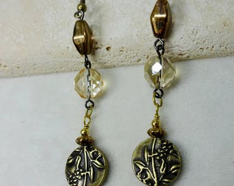 Fun Long Boho Dangle Earrings Featuring Antique Brass Coin Beads and Bronze Metallic Czech Crystal. Gold Tone Neutral Casual Earrings.