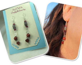 Handmade Sterling Silver Dangle Earrings with Bali Beads and Red Jasper.  Red Jasper Heart Earrings