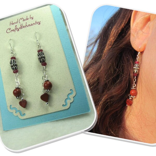 Handmade Sterling Silver Dangle Earrings with Bali Beads and Red Jasper.  Red Jasper Heart Earrings