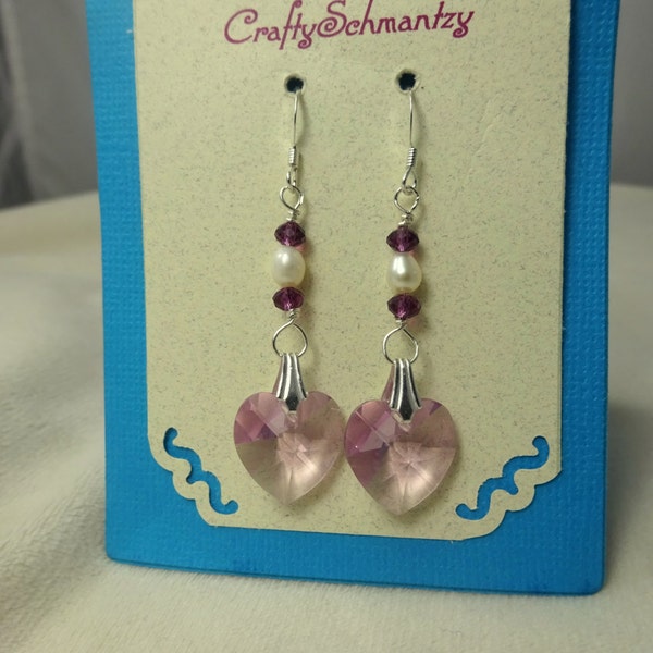 Handmade Sterling Silver, Crystal & Pearls Heart Dangle Earrings.  Swarovski Crystal Heart Earrings.  Sterling Silver Earrings.