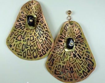 Large Organically Shaped  Etched Copper Earrings Enhanced with Ink & Metalic Gilt  As Well As a Focal Rectangular Onyx Bead. Fabulously Boho