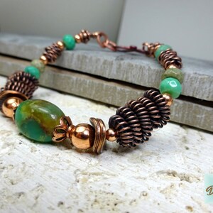 Copper Gemstone Bracelet, Coiled Metal Beads, Green Chrysoprase Stones, Detailed Copper Wirework. Chrysoprase & Copper Bracelet. image 1