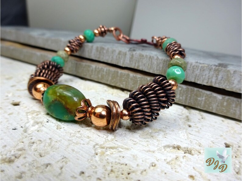 Copper Gemstone Bracelet, Coiled Metal Beads, Green Chrysoprase Stones, Detailed Copper Wirework. Chrysoprase & Copper Bracelet. image 1