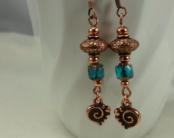 Handmade Dangle Copper Earrings with Czech Glass & Heart Charms