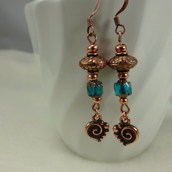 Handmade Dangle Copper Earrings with Czech Glass & Heart Charms