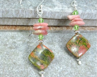 Boho Sterling Silver, Semiprecious Stone Crystal Earrings. Green and Pink Earrings  Diamond shaped Unakite Beads with Rhodochrosite Chips.