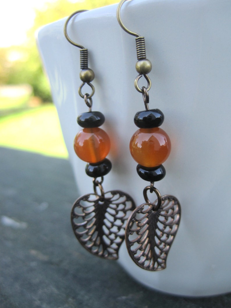 Handmade Semprecious Stones & Antique Brass Earrings. Antique Brass Earrings. Carnelian Earrings. Onyx Earrings. Orange and Black Earrings image 3