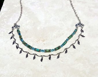 Handmade Delicate Double Strand Sterling Silver and Semiprecious Stone Necklace. Silver & African Turquoise, Apatite and Crystal  Necklace.