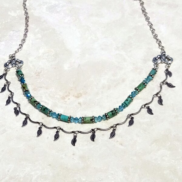 Handmade Delicate Double Strand Sterling Silver and Semiprecious Stone Necklace. Silver & African Turquoise, Apatite and Crystal  Necklace.