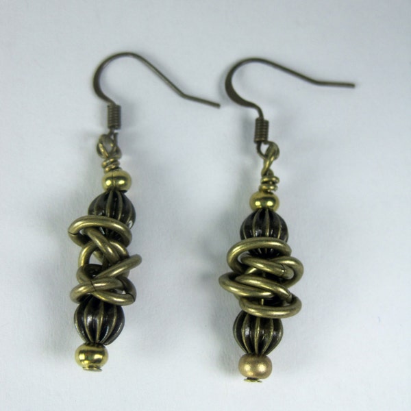 Natural Brass & Antique Brass Dangle Earrings.  Hand Made Dangle Earrings Using Natural Brass beads and Antique Brass Beads and Chain.