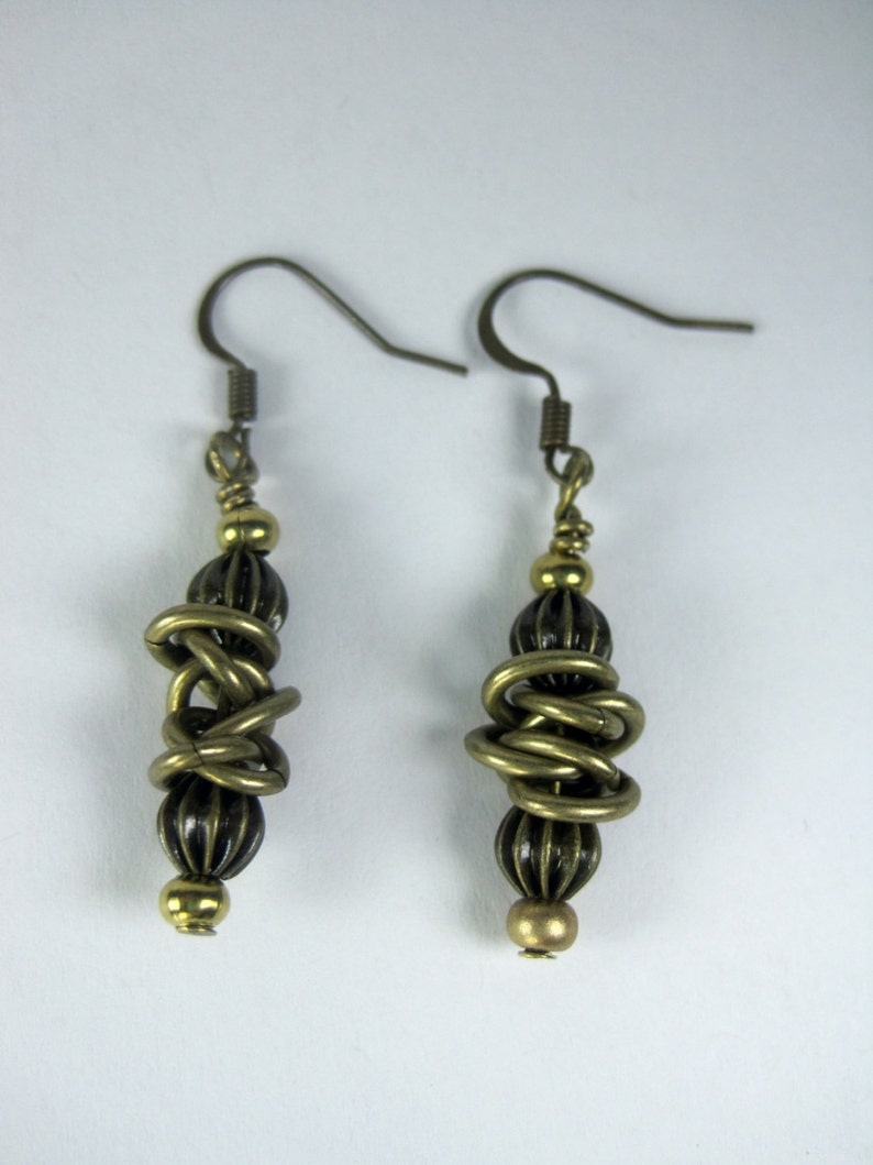 Natural Brass & Antique Brass Dangle Earrings. Hand Made Dangle Earrings Using Natural Brass beads and Antique Brass Beads and Chain. image 1