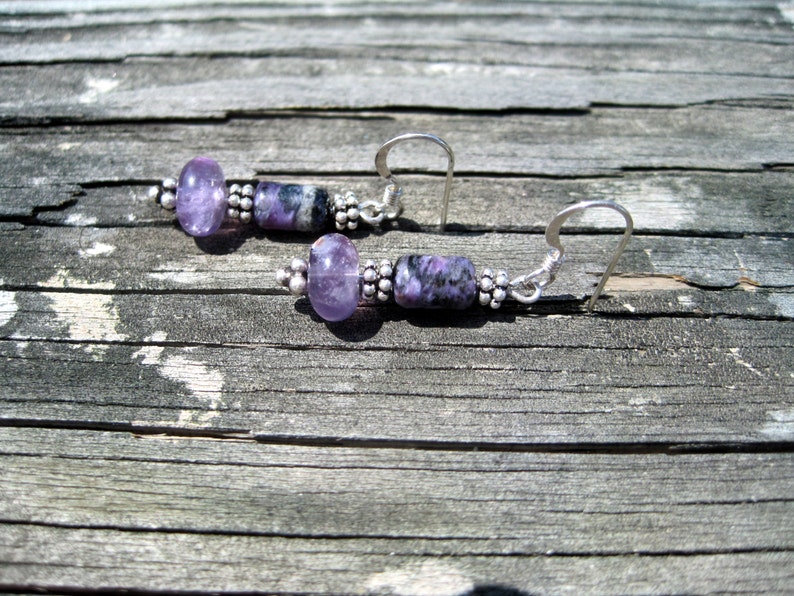 Handmade Sterling Silver Amethyst & Charoites Earrings with Bali Beads. Pretty Purple Earrings. Amethyst Earrings. Charoite Earrings. Bild 3