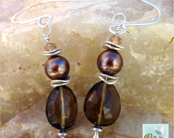 Sterling Silver, Faceted Smoky Quartz & Pearl Earrings.  Elegant Smoky Quartz and Bronze Pearl Earrings.