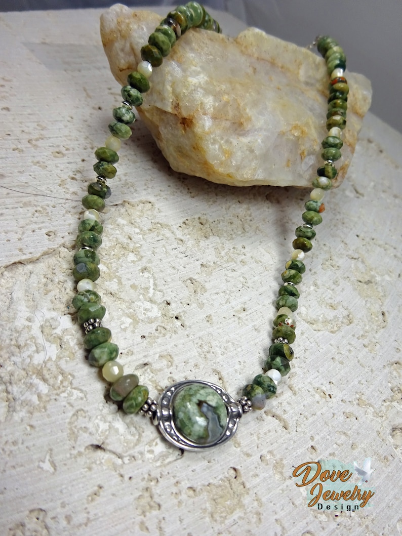 Rhyolite and Sterling Silver Necklace with Bali Beads Boho Choker Sterling Silver /& Semiprecious Stone Choker
