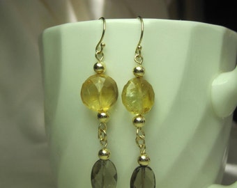 Dangle Earrings Handmade with Smoky Quartz, Citrine Gems & Gold Beads. Lovely Smoky Quartz, Citrine and Gold Earrings.