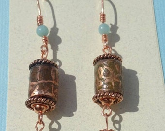 Handmade Etched Copper Pipe Earrings with Amazonite Beads.  Amazonite & Copper Earrings.  Patina Earrings. Rustic Earrings