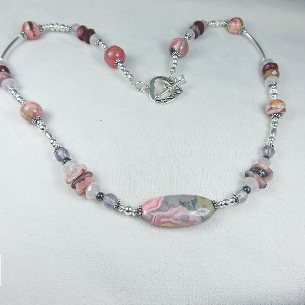 Sterling Silver & Precious Stone Necklace Featuring a Heart Clasp. Multiple Stone and Sterling Silver Necklace in Pink, Purple and Lavender