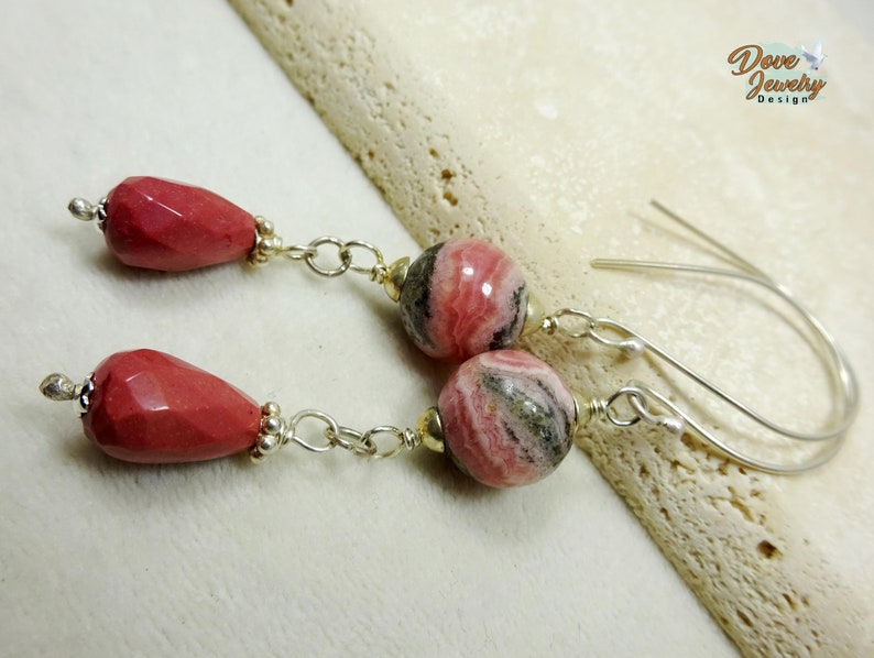 Sterling Silver & Semiprecious Stone Teardrop Earrings. Mookaite and Rhodochrosite Earrings. Mauve and Pink Earrings. image 4