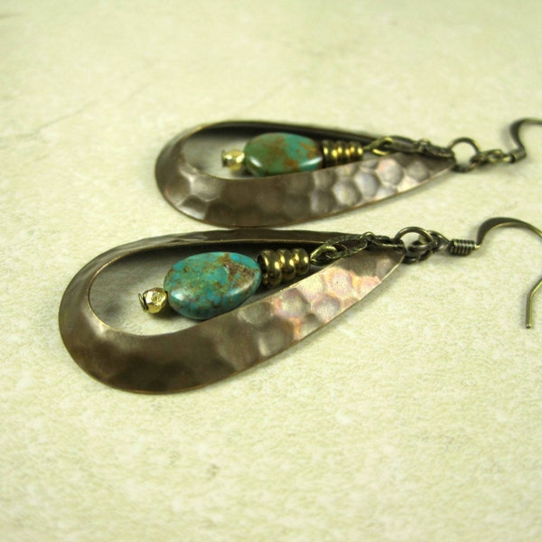 Handmade Hammered Antique Brass and Turquoise Teardrop Earrings. Boho Antique Brass Teardrop Earrings with Semiprecious Stones.