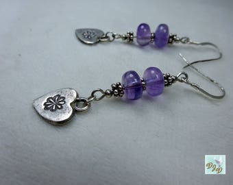 Sterling Silver & Amethyst Earrings with Hill Tribe Heart Charm. Amethyst Earrings.  Heart Earrings.  Fine Silver Earrings