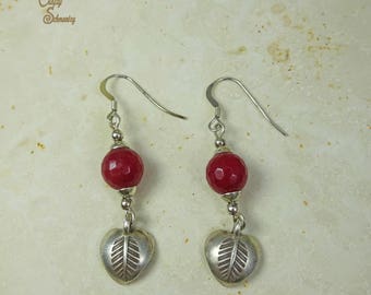 Sterling Silver & Faceted Ruby Jade Earrings with Leaf Charm. Dangle Earrings with Karen Hill Tribe Fine Silver Charm. Ruby Earrings.